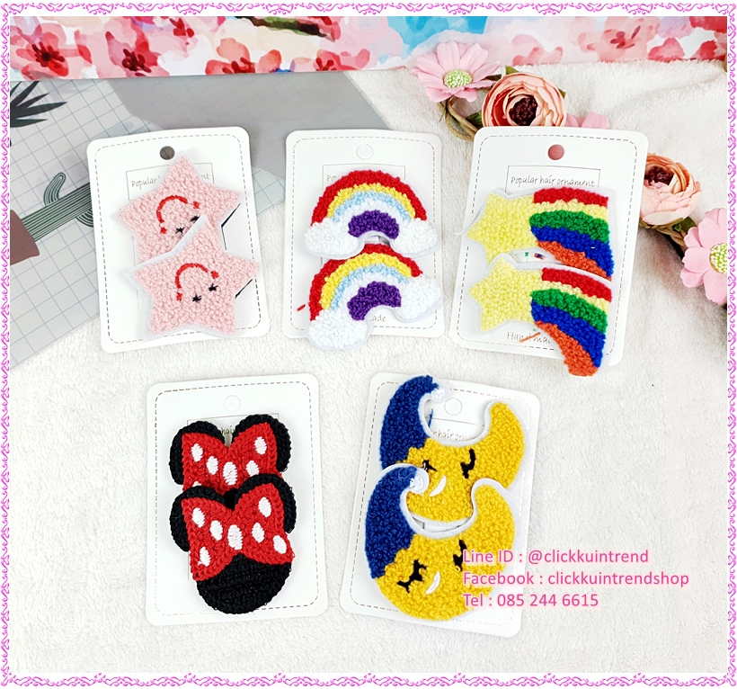 กิ๊บติดผม ป็อกแป็ก ด้านบนเป็นไหมพรม รูปการ์ตูน แผง 2 ชิ้น ขายส่ง แพ็ค 10 แผง