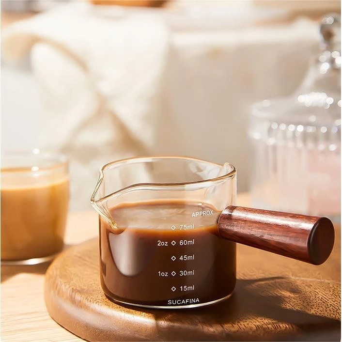 แก้วตวงกาแฟ ซ็อตกาแฟ เอสเปรสโซ่ ด้ามไม้ ตวงนม 75ml ถ้วย Espresso