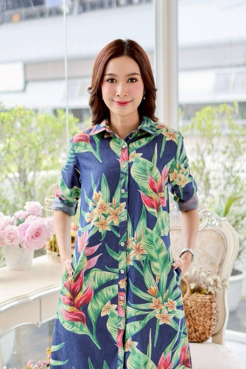 ชุดยีนส์ #8501-5 เดรสยีนส์พิมพ์ลายดอกไม้สวยหรู ผ้ายีนส์แท้เนื้อนิ่มแบบสวย ใส่สบายใส่ได้หลายโอกาส