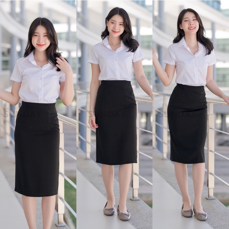 เสื้อผ้าแฟชั่นผู้หญิง กระโปรงทรงเอ ยาว 20 22 24 26 กระโปรงนักศึกษา ผ้ายืดฮานาโกะผ่าหลังทับ กระโปรงนักศึกษาทรงเอ sundayuniform