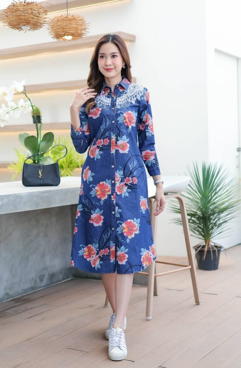 ชุดยีนส์ #8837-3 เดรสยีนส์พิมพ์ลายดอกไม้แต่งงานฉลุสวยหรูทั้งด้านหน้าและหลัง ผ้ายีนส์แท้เนื้อนิ่ม ใส่สบาย แบบสวยใส่ได้หลายโอกาส