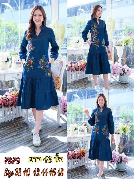 เดรสยีนส์ #7879 (38) ชุดยีนส์ปักลายสวยหรู ผ้ายีนส์เนื้อนิ่ม แบบสวยใส่สบาย แบบขายดีมาก