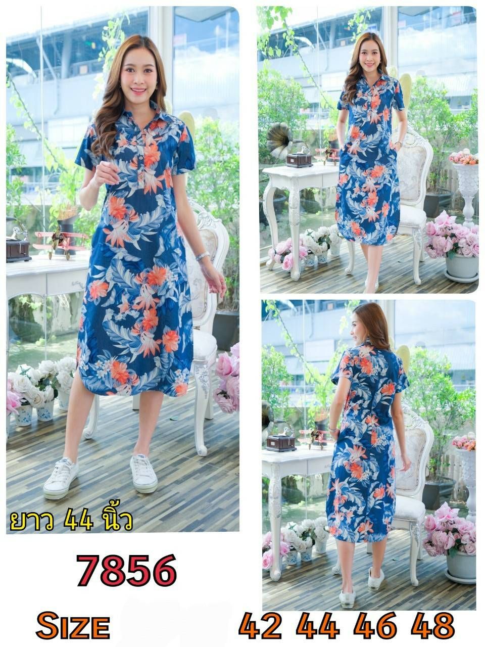 ชุดยีนส์ #7856 Size 42 เดรสยีนส์พิมพ์ลายดอกไม้สวยหรู ผ้ายีนส์แท้เนื้อนิ่มแบบสวย ใส่สบายส่ได้หลายโอกาส