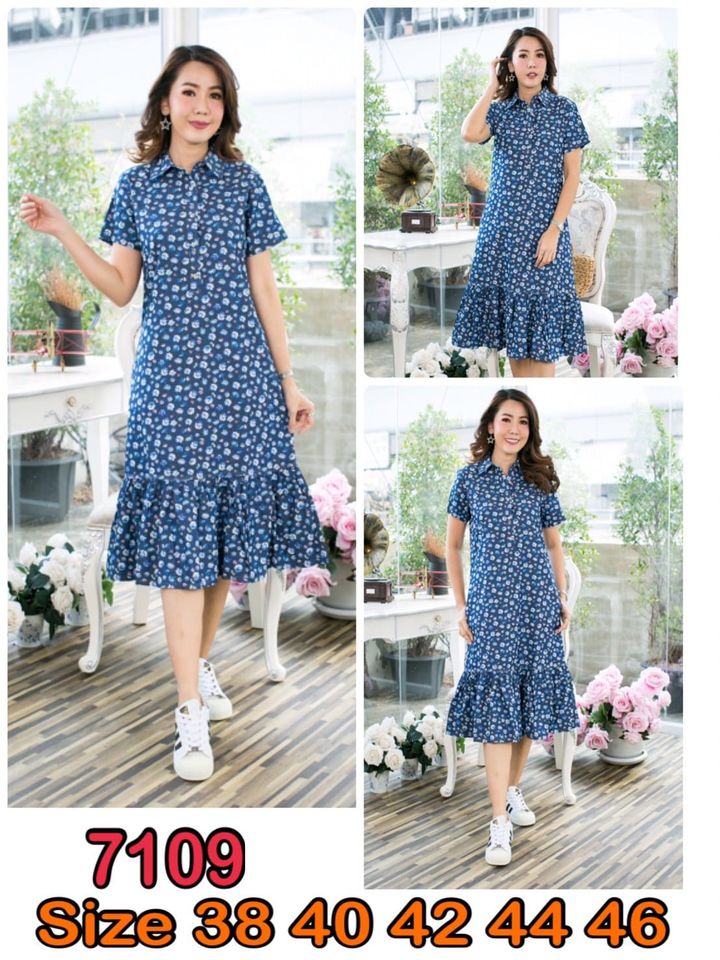 Size 38" 40" 42" 44" 46" เดรสยีนส์คอเชิ้ต(ชุดยีนส์ยาว) ผ้ายีนส์เนื้อนิ่ม ใส่สบาย ไม่ร้อน ลายดอกไม้สวยสดใส ใส่ได้หลายโอกาส