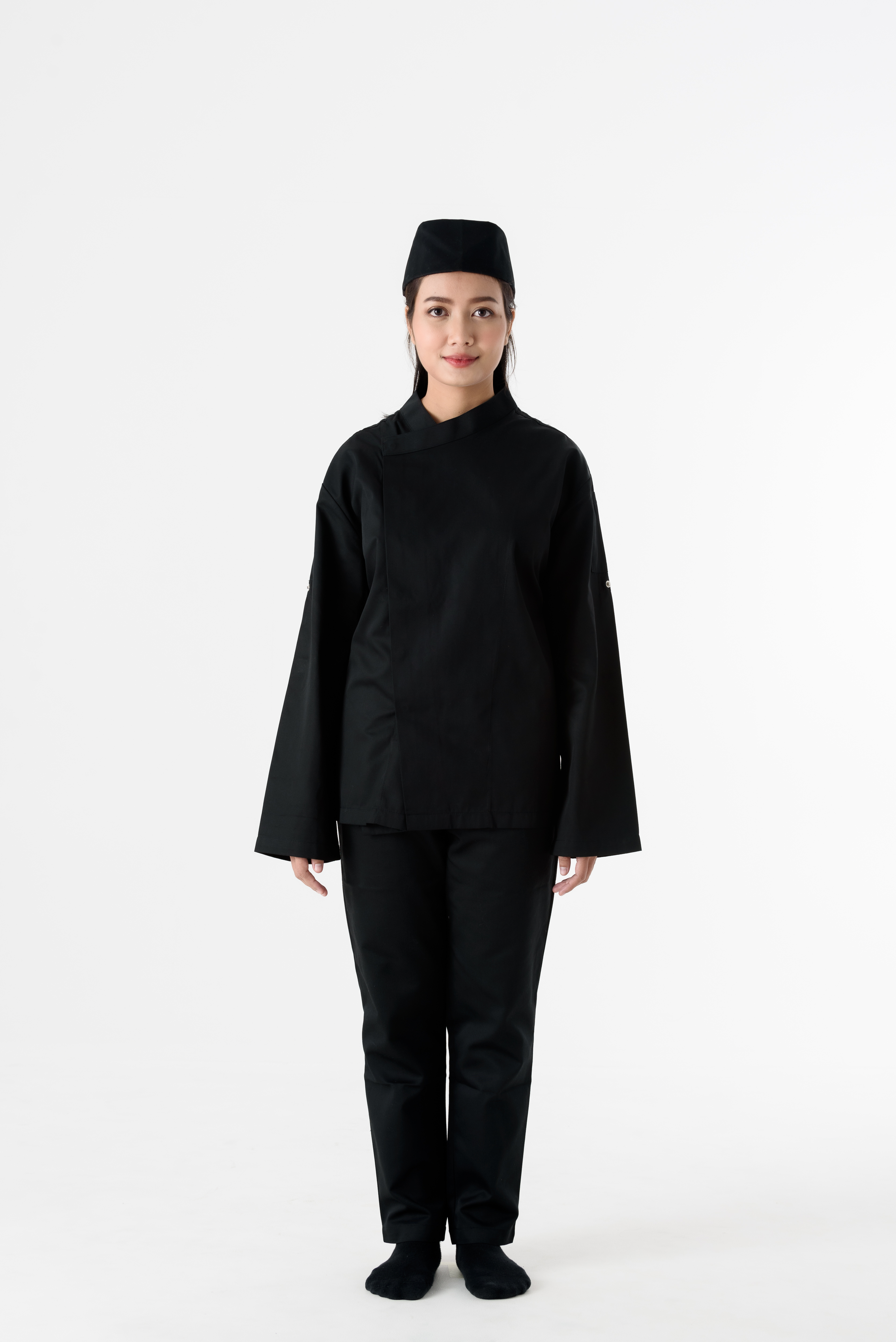 DFS013 black Chef jacket with hidden snap button เสื้อเชฟสากล สีดำ กระดุมแป็กซ่อน