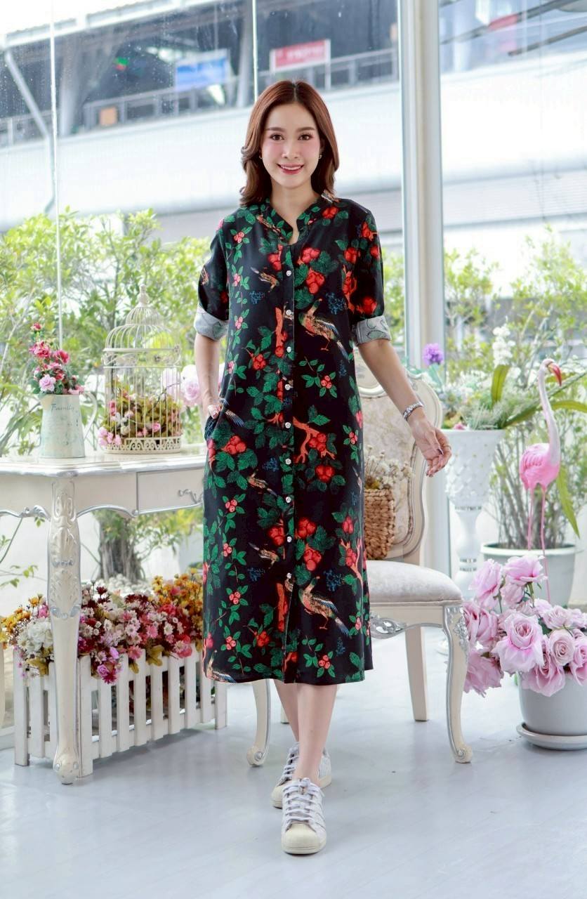 เดรสลินินผสมฝ้าย #8410 ชุดสีดำพิมพ์ลายสวยหรู ผ้าดีเนื้อนิ่มใส่สบายแบบสวยใส่ได้หลายโอกาส