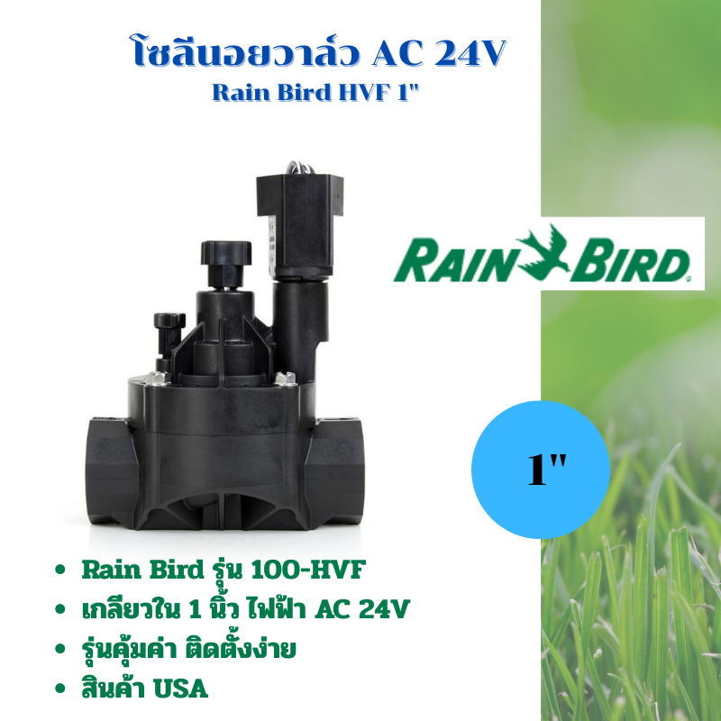 วาล์วไฟฟ้าโซลีนอย 1 นิ้ว AC 24V Rain Bird รุ่นประหยัด 100-HVF