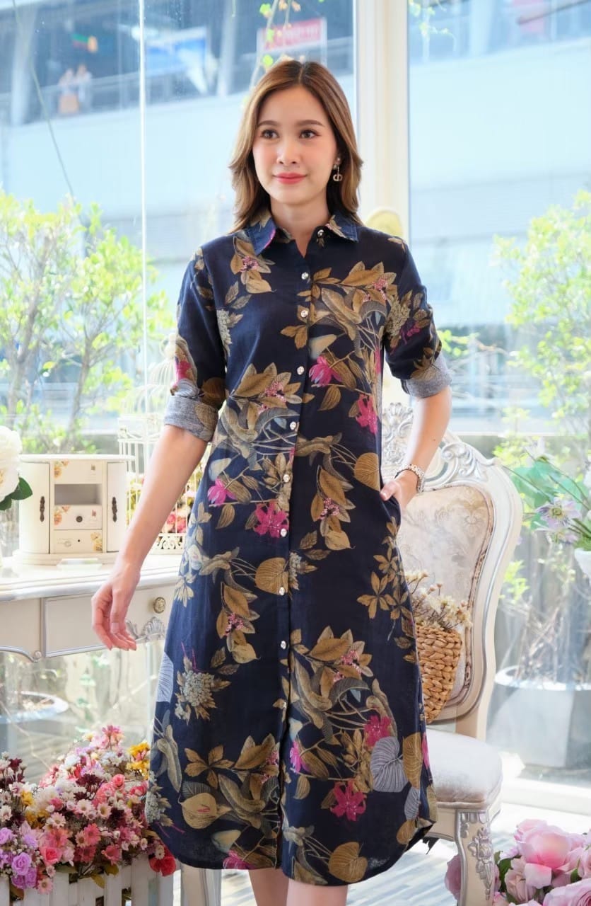 เดรสลินินผสมฝ้าย #8412 (0/2/4/6) คอเชิ้ต ผ้าลินินผสมฝ้ายพิมพ์ลายดอกไม้สีสดใส ผ้าดพเนื้อนิ่ม ใส่สบาย ไม่ร้อน ใส่ได้หลายโอกาส