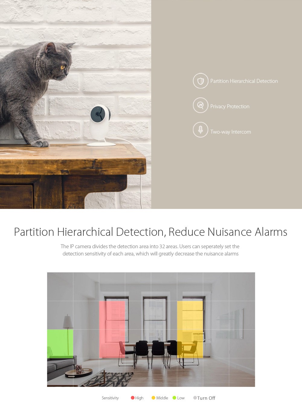 Partition Hierarchical Detection
Privacy Protection
Two-way Intercom
Partition Hierarchical Detection, Reduce Nuisance Alarms
The IP camera divides the detection area into 32 areas. Users can seperately set the
detection sensitivity of each area, which will greatly decrease the nuisance alarms
Sensitivity
High
O Middle Low
