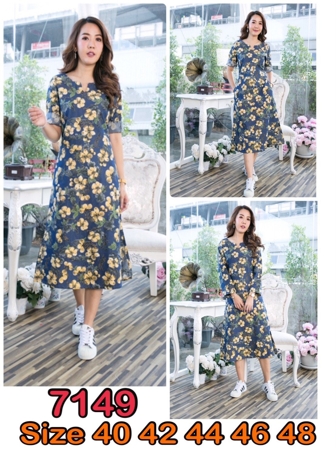 เดรสยีนส์ # 7149 Size 44 เดรสคอกลมพิมพ์ลายดอกไม้ ผ้ายีนส์่เนื้อนิ่มไม่หนา ใส่สบาย แบบสวยใส่ได้หลายโอกาส