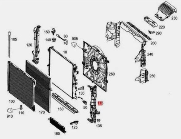 โครงหม้อน้ำด้านซ้าย มือสอง(หมายเลข 115 ตามรูป) Benz W222 A0995041918 Radiator Left Side Support