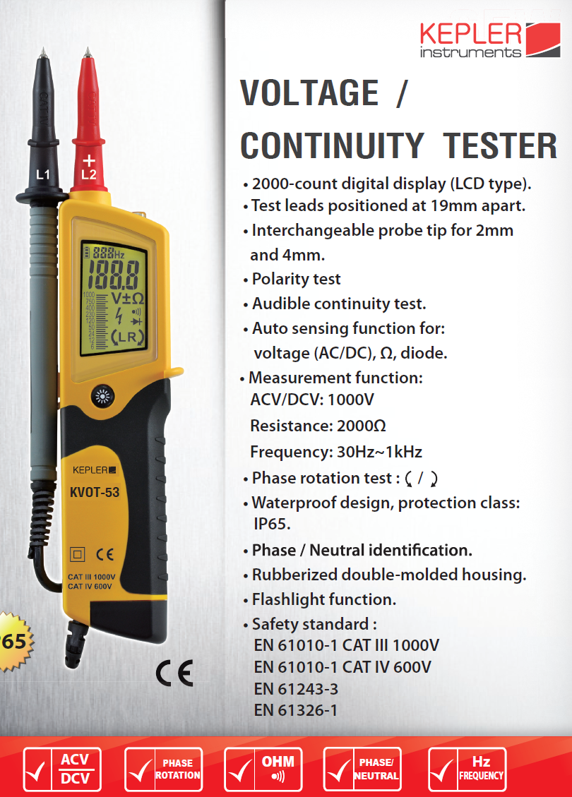 มิเตอร์ทดสอบค่าแรงดันไฟฟ้า (VOLTAGE & CONTINUITY TESTER) แบรนด์ KEPLER รุ่น KVOT-53