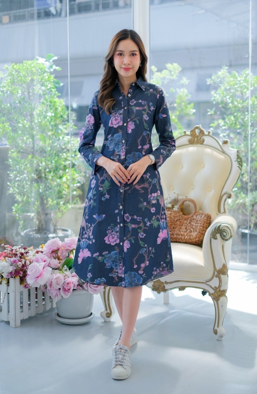 ชุดยีนส์ #8608 เดรสยีนส์แบบสวยพิมพ์ลายดอกไม้สวยหรู ผ้ายีนส์เนื้อนิ่มไม่หนา ใส่สบาย สินค้าขายดี
