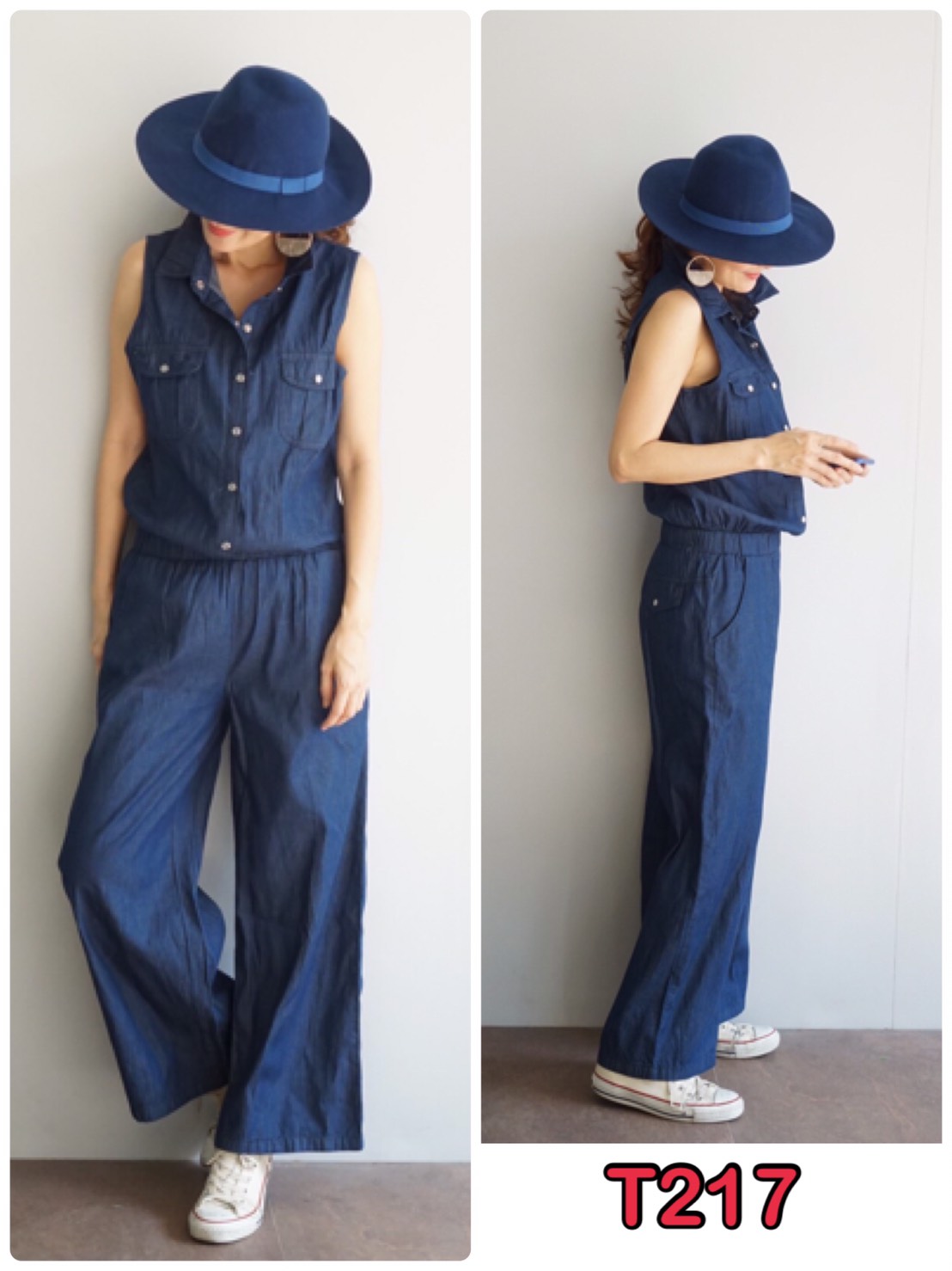 ชุดยีนส์ จัมพ์สูทยาว กระดุมมุก แขนกุดน่ารักๆ ขนาด Free size รอบอก 40" สียีนส์เข้ม
