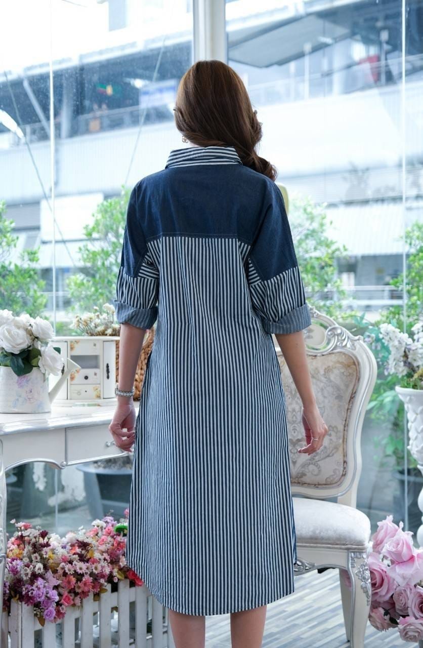 เดรสยีนส์ #8302 ชุดยีนส์ลายริ้ว+ปักลาย ผ้ายีนส์เนื้อนิ่ม ใส่สบาย ไม่ร้อน แบบสวยใส่สบาย ใส่ได้หลายโอากาส