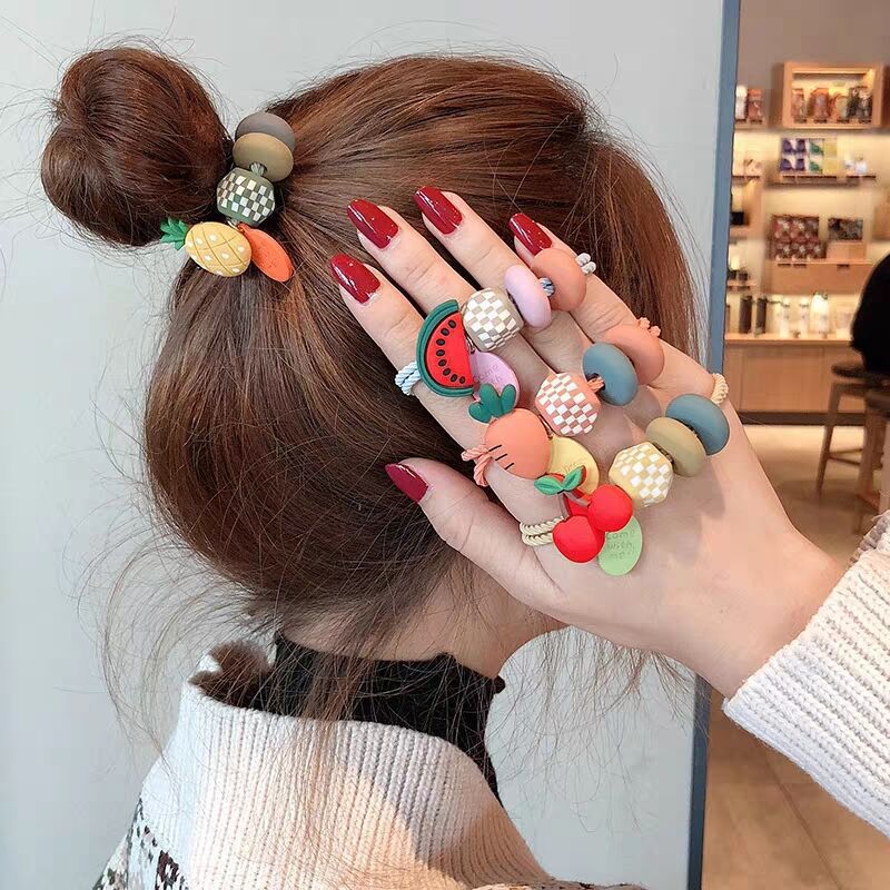 ยางรัดผม สีหวาน 2เส้น ร้อยลูกปัด และผลไม้พลาสติก งานสไตล์เกาหลี ขายส่ง เซต 10 ชิ้น