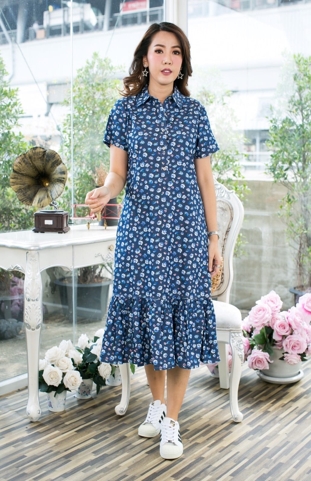Size 38" 40" 42" 44" 46" เดรสยีนส์คอเชิ้ต(ชุดยีนส์ยาว) ผ้ายีนส์เนื้อนิ่ม ใส่สบาย ไม่ร้อน ลายดอกไม้สวยสดใส ใส่ได้หลายโอกาส