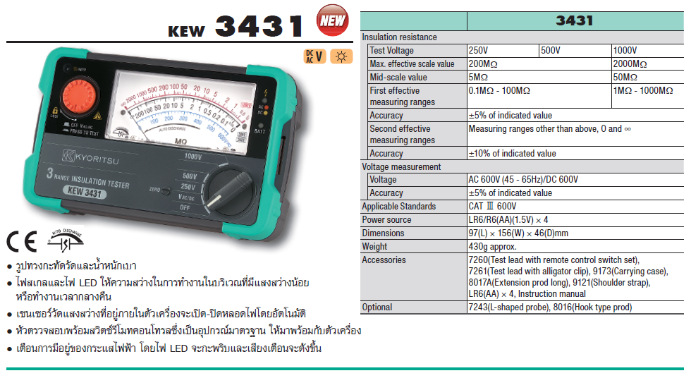 KYORITSU Analog Insulation Testers รุ่น KEW 3431