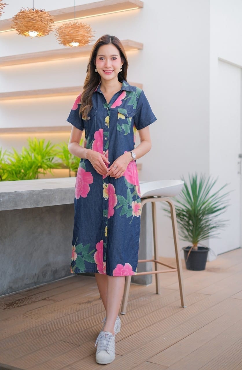 ชุดยีนส์ #8663 เดรสยีนส์พิมพ์ลายดอกไม้สวยหรู ผ้ายีนส์แท้เนื้อนิ่มแบบสวย ใส่สบายส่ได้หลายโอกาส