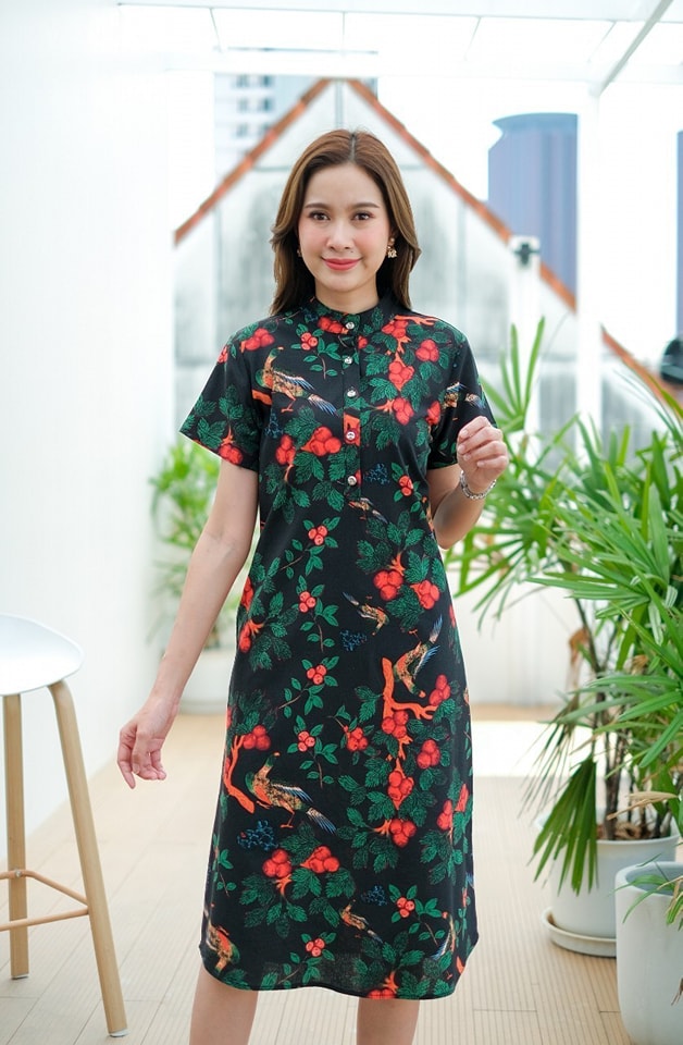 เดรส #8419 ลินินผสมฝ้ายพิมพ์ลายดอกไม้สีสดใส ผ้าดีเนื้อนิ่ม ใส่สบาย ไม่ร้อน แบบสวยใส่ได้หลายโอกาส