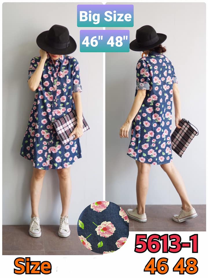 เดรสยีนส์คอเชิ้ต พิมพ์ลายดอกไม้ ไซส์รอบอก 46" 48" ผ้ายีนส์ เนื้อนิ่ม ใส่สบาย ไม่ร้อน ไม่หด