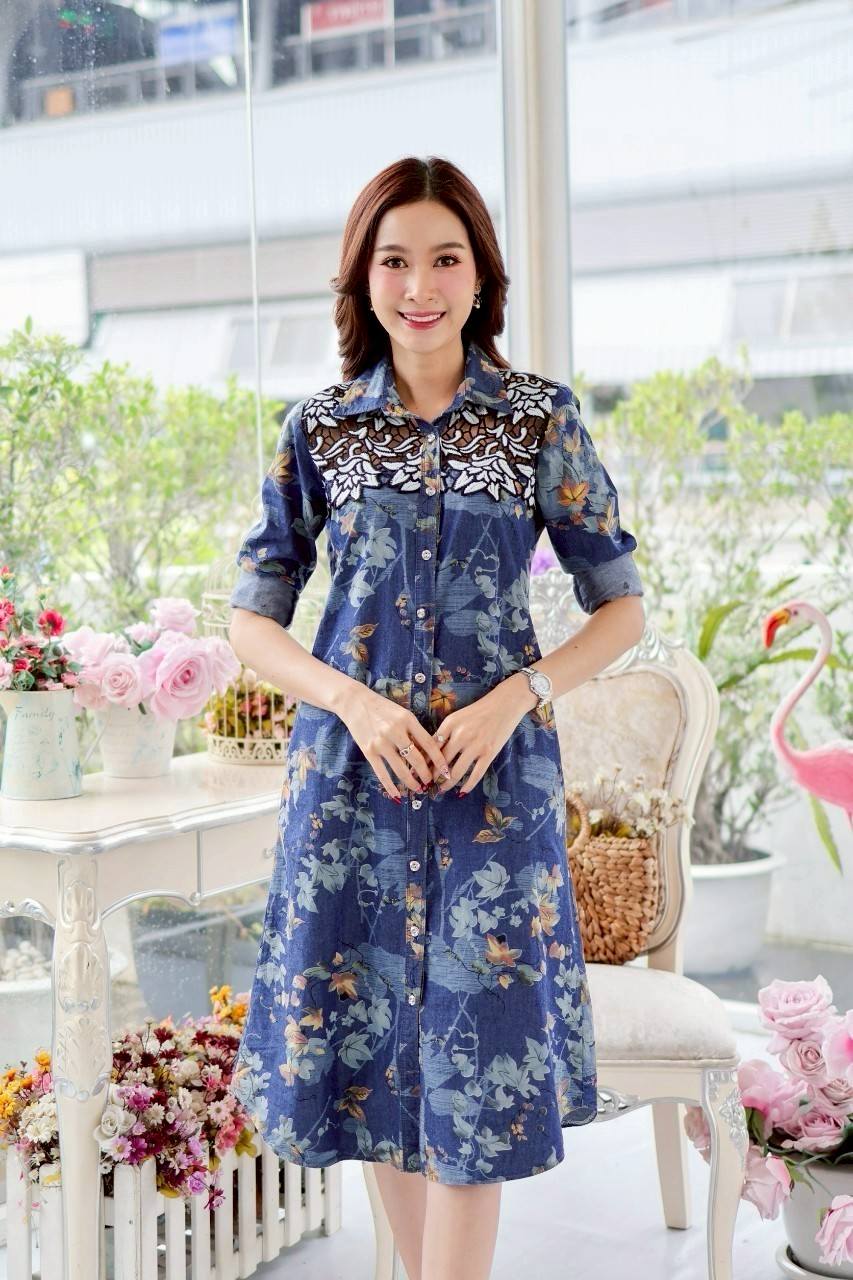 ชุดยีนส์ #8836 เดรสยีนส์พิมพ์ลายสวยแต่งงานฉลุสวยหรูด้านหน้า ผ้ายีนส์แท้เนื้อนิ่ม ใส่สบาย แบบสวยใส่ได้หลายโอกาส