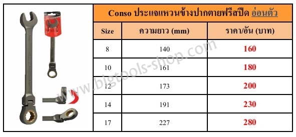 Conso : ประแจแหวนข้างปากตาย ฟรีสปีด (อ่อนตัว) Conso : Flexible Head Ratchet Spanner