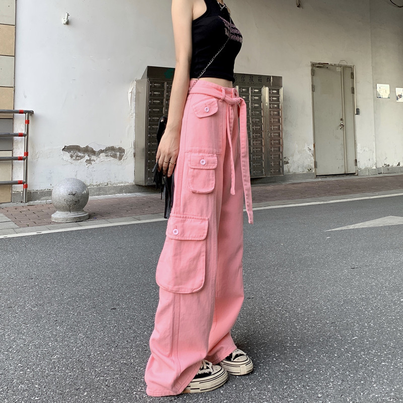 เสื้อผ้าแฟชั่นผู้หญิง กางเกง ลำลองวินเทจสีชมพู อเมริกัน เอวสูง คาร์โก้ หลายกระเป๋า bella 004