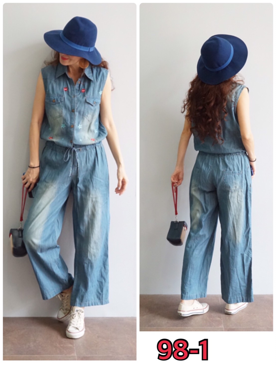 จั้มสูทยีนส์ Free Size #98-1 ขายาว แขนกุด สียีนส์อ่อน ผลิตจากผ้ายีนส์เนื้อนิ่ม ใส่สบาย ไม่ร้อน แบบน่ารักมาก