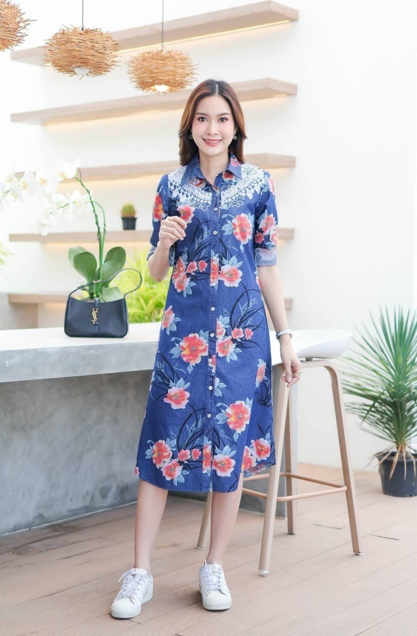 ชุดยีนส์ #8837-3 เดรสยีนส์พิมพ์ลายดอกไม้แต่งงานฉลุสวยหรูทั้งด้านหน้าและหลัง ผ้ายีนส์แท้เนื้อนิ่ม ใส่สบาย แบบสวยใส่ได้หลายโอกาส