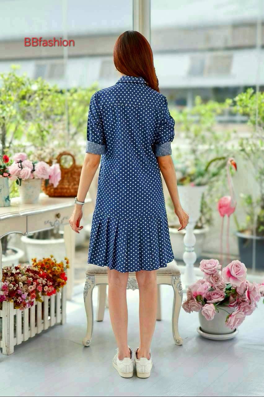 เดรสยีนส์ #8730 ผ้ายีนส์เนื้อนิ่มคอเชิ้ตแต่งระบายชายน่ารัก แบบสวยใส่ได้หลายโอกาส