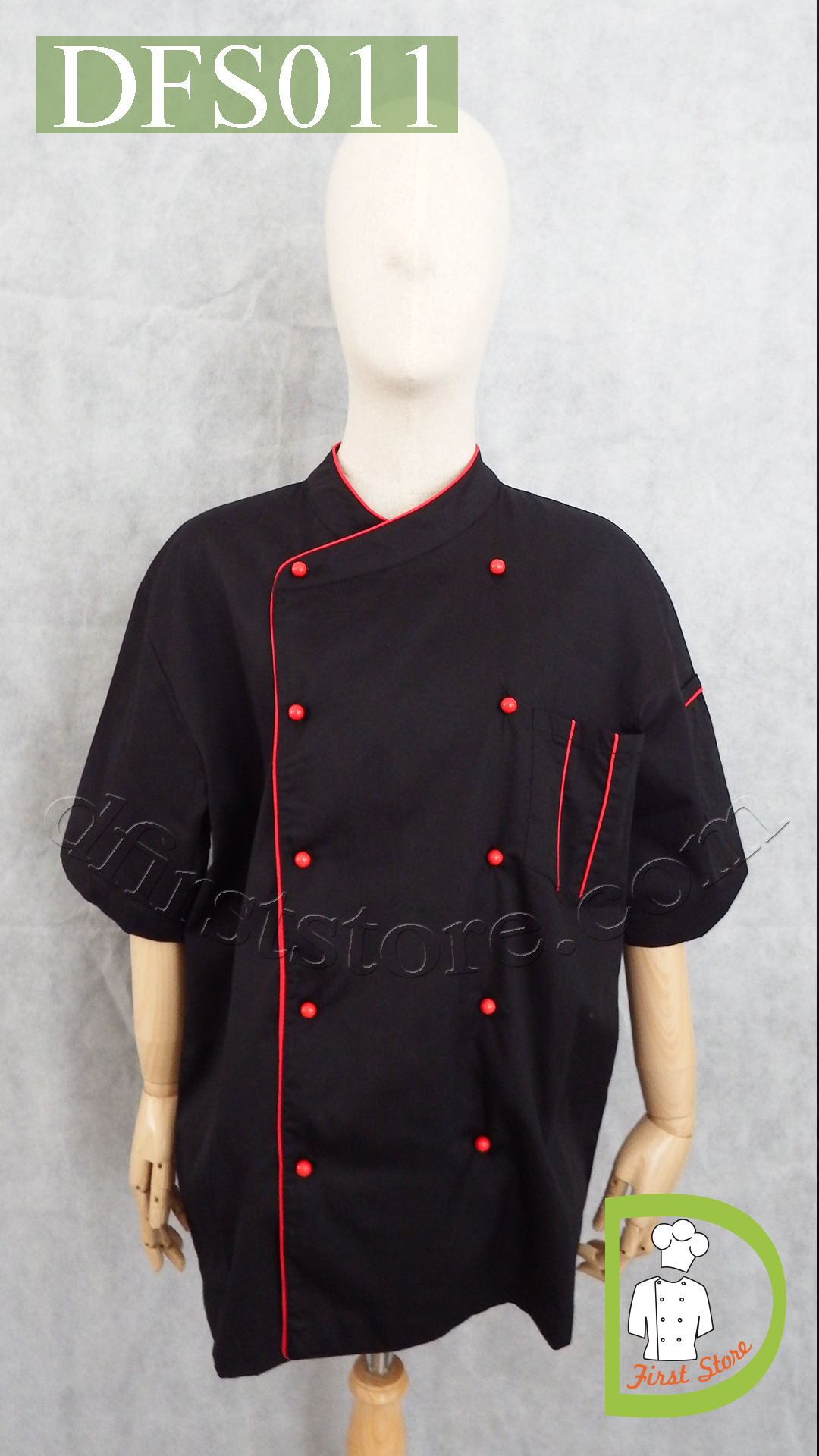 DFS011 Chef Uniform ชุดเชฟสากล (black with red piping and red buttons, สีดำ)
