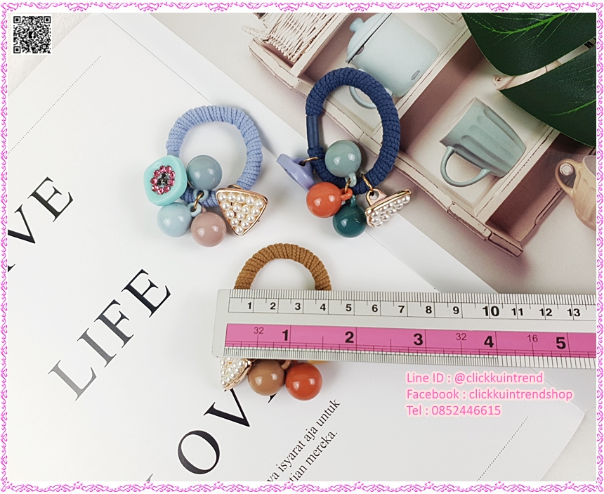 ยางรัดผม เส้นใหญ่พันด้าย ร้อยตุ้งติ้ง มุก+เพชร งานสไตล์เกาหลี ขายส่ง เซต 10 ชิ้น