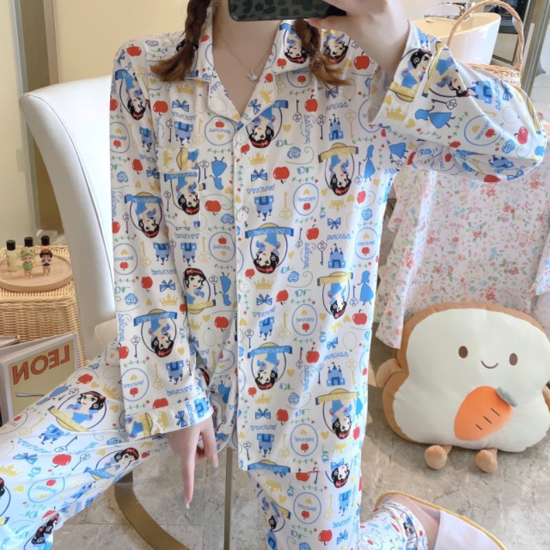 เสื้อผ้าแฟชั่นผู้หญิง ชุดนอนคอตต้อน ลายใหม่ฮิต ผสมการ์ตูน เสื้อแขนยาวกระดุมหน้าคอปกกางเกง