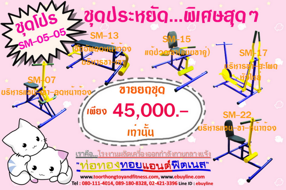 โปรโมชั่น เครื่องออกกำลังกายกลางแจ้ง รหัส SM-05-01 - SM-05-12 จำนวน 12 ชุด / 1 ชุด มี 5 ชิ้น จำหน่ายราคาถูกมาก ราคาเพียง 45,000 บาทเท่านั้น (ราคายังไม่รวมแวต 7%นะ) รีบหน่อยจ้า มีจำนวนจำกัด ขายเพียง100 ชุดเท่านั้น มาก่อนได้ก่อนนะจ๊ะ (เบาะหนังหุ้มฟองน้ำ)