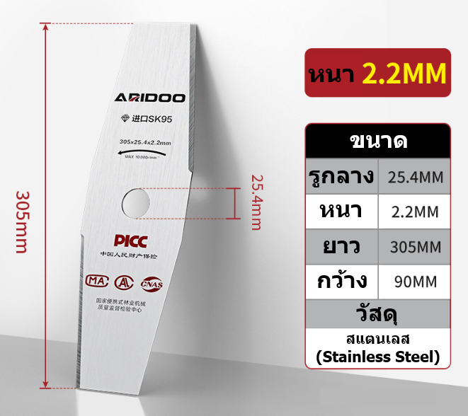 ใบตัดหญ้าสแตนเลส 12 นิ้ว หนา 2.2 มม. ทรงมะละกอ สำหรับเครื่องตัดหญ้าสะพายไหล่ทุกชนิด