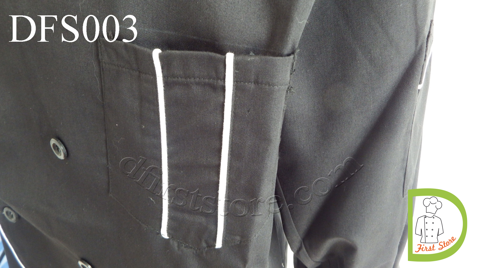 DFS003 Chef Jacket in black with white piping เสื้อเชฟสากล สีดำ คลิบขาว