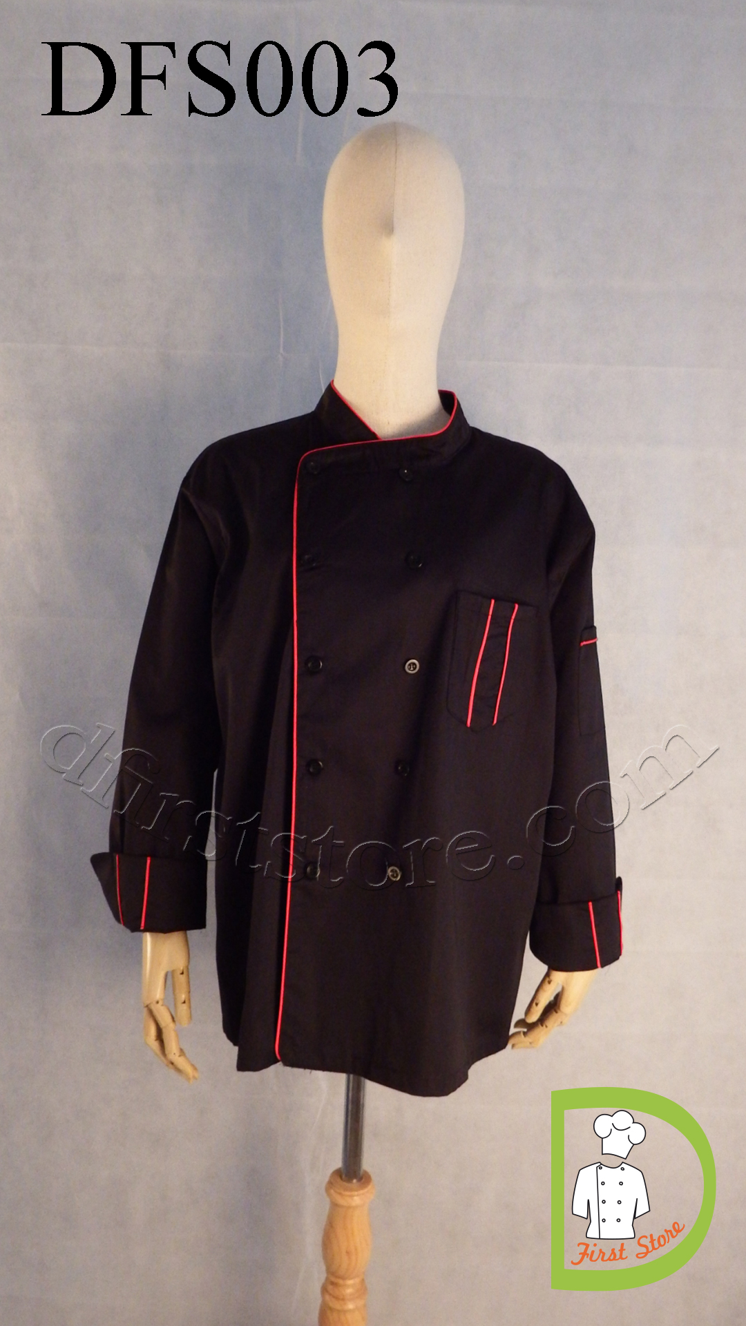 DFS003 Chef Jacket in black with red piping เสื้อเชฟสากล สีดำ คลิบแดง