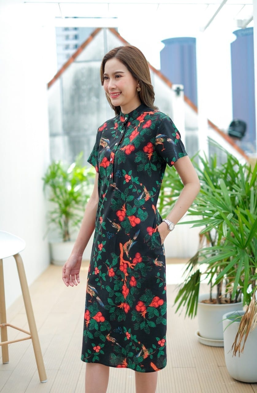 เดรส #8419 ลินินผสมฝ้ายพิมพ์ลายดอกไม้สีสดใส ผ้าดีเนื้อนิ่ม ใส่สบาย ไม่ร้อน แบบสวยใส่ได้หลายโอกาส