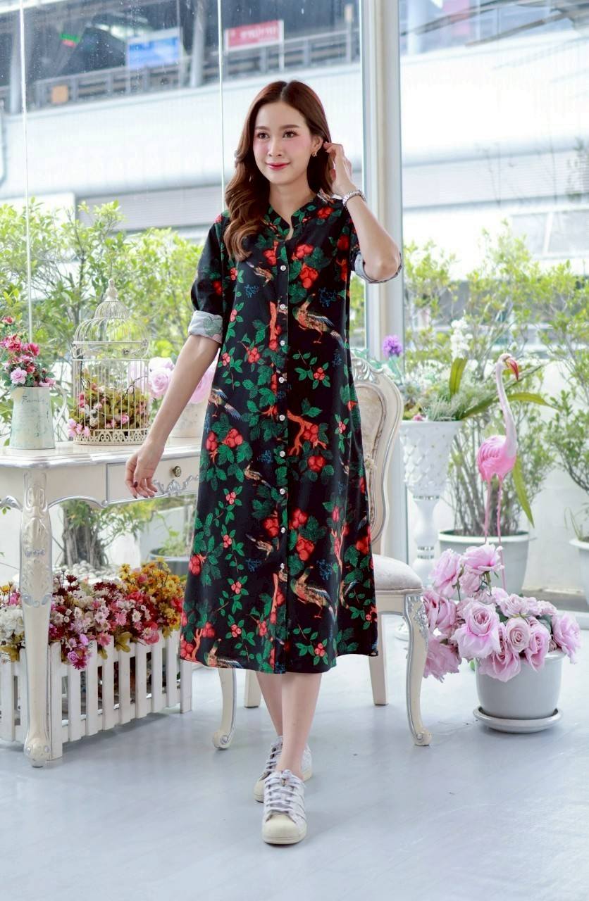 เดรสลินินผสมฝ้าย #8410 ชุดสีดำพิมพ์ลายสวยหรู ผ้าดีเนื้อนิ่มใส่สบายแบบสวยใส่ได้หลายโอกาส