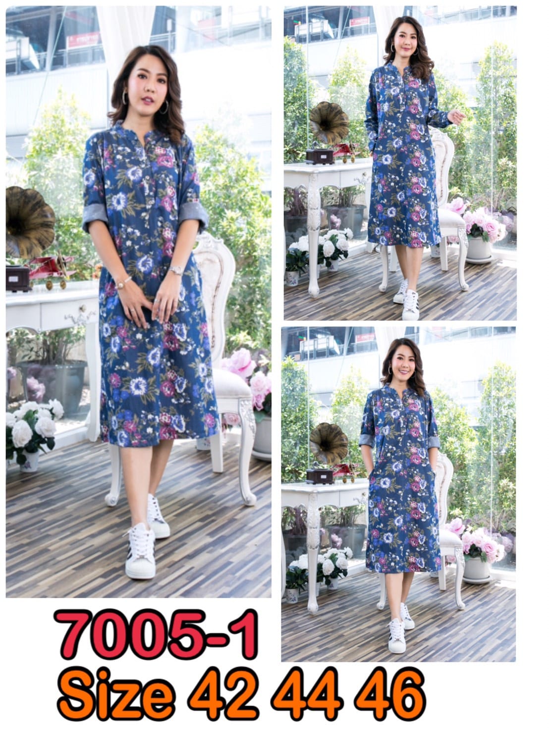 เดรสยีนส์คอจีนลายดอกไม้สวยมาก (ชุดยีนส์ยาว) มีไซส์ รอบอก 42" 44" 46" ผ้ายีนส์เนื้อนิ่ม ใส่สบาย ไม่ร้อน ลายสวยสดใส