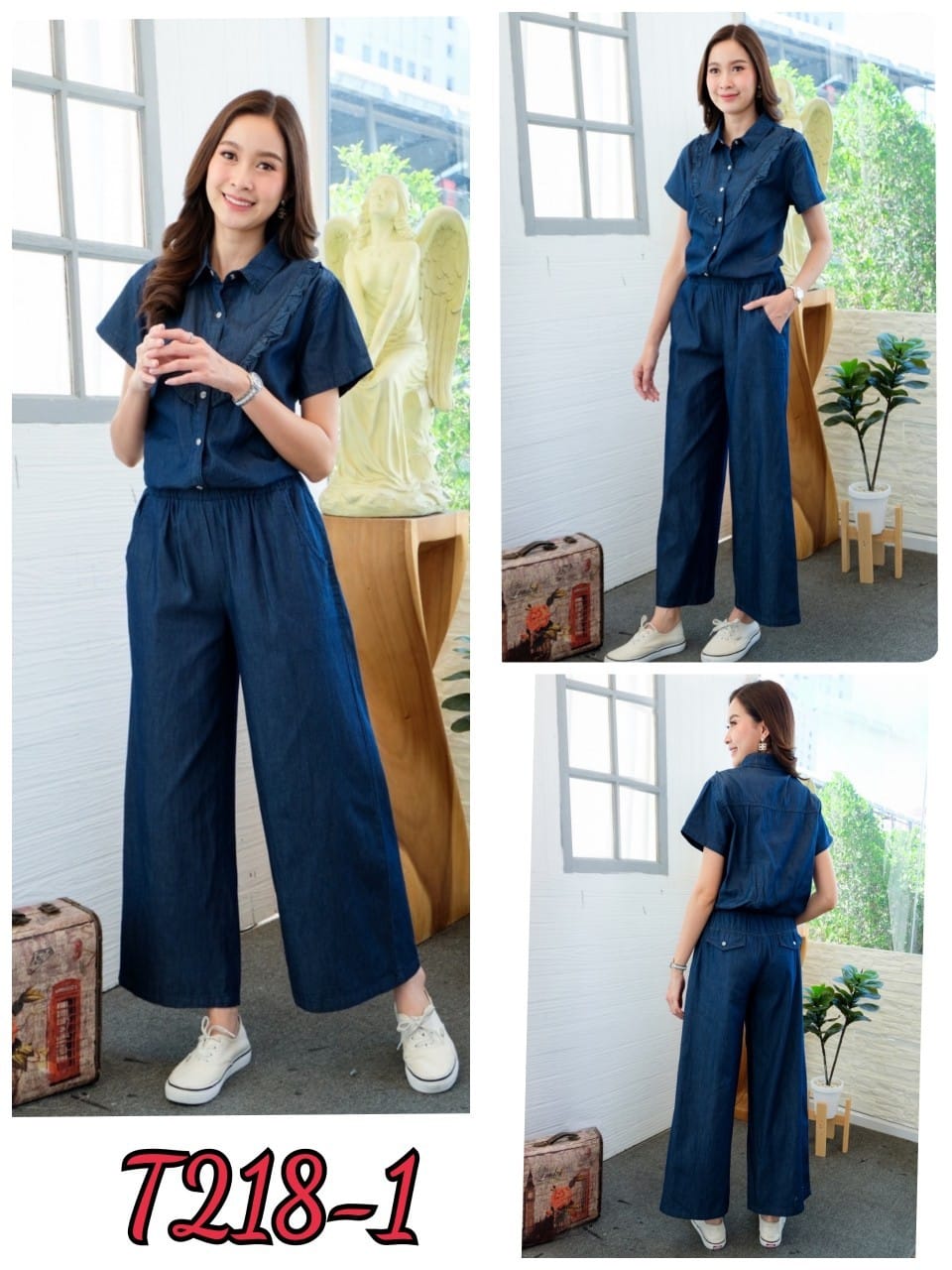 จัมพ์สูทยีนส์ ขายาว ผ้ายีนส์แท้ เนื้อนิ่ม ขนาด Free size รอบอก 40" สียีนส์เข้ม แบบน่ารักมาก ใส่ได้หลายโอกาส