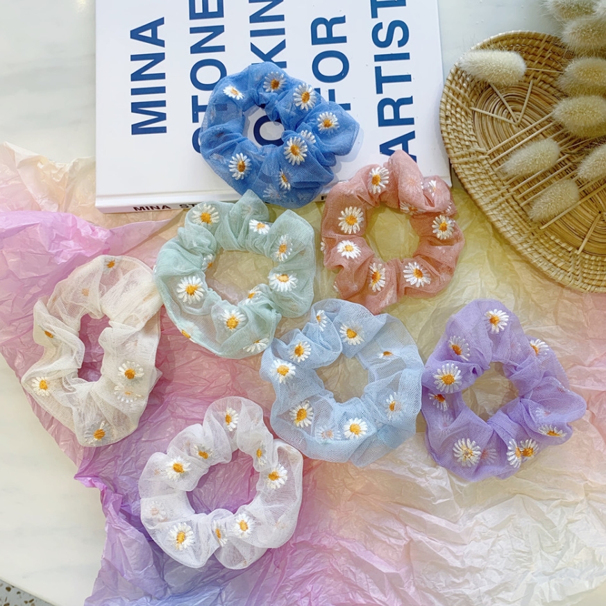 โดนัดรัดผม ผ้าตาข่าย ปักลายดอกไม้ เดซี่ เส้นผ่าศูนย์กลาง 10 ซ.ม. ขายส่ง เซต 10 ชิ้น คละสี