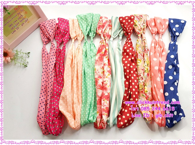 ผ้าคาดผม แบบ ปลายรวบจั๊มเป็นโบ ด้านในเป็นเส้นลวด ขายส่ง เซต 10 ชิ้น ลายผ้าตามรูป