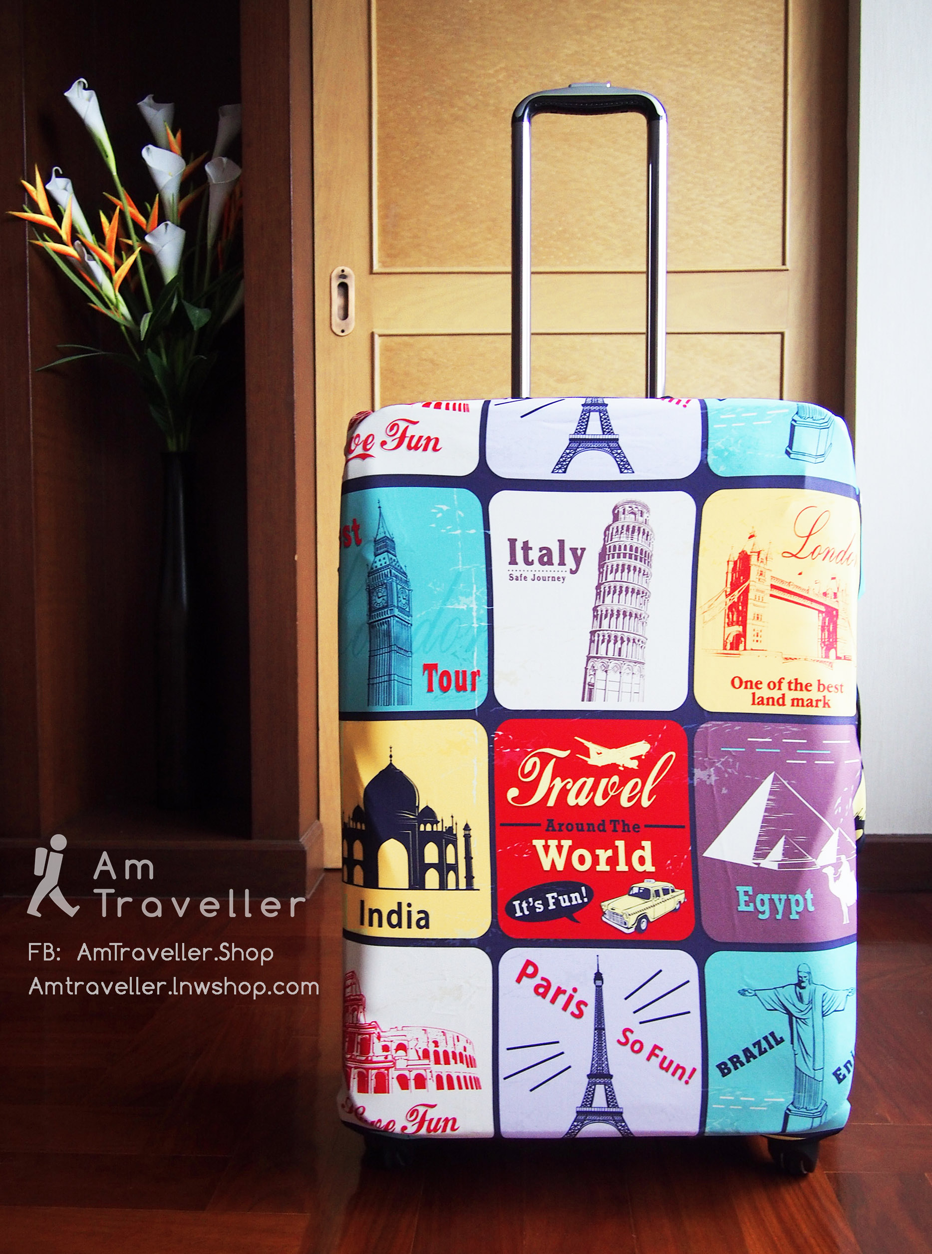 ผ้าคลุมกระเป๋าเดินทาง ลาย TRAVEL SQUARE (รุ่นแถบตีนตุ๊กแก ผ้าหนา)