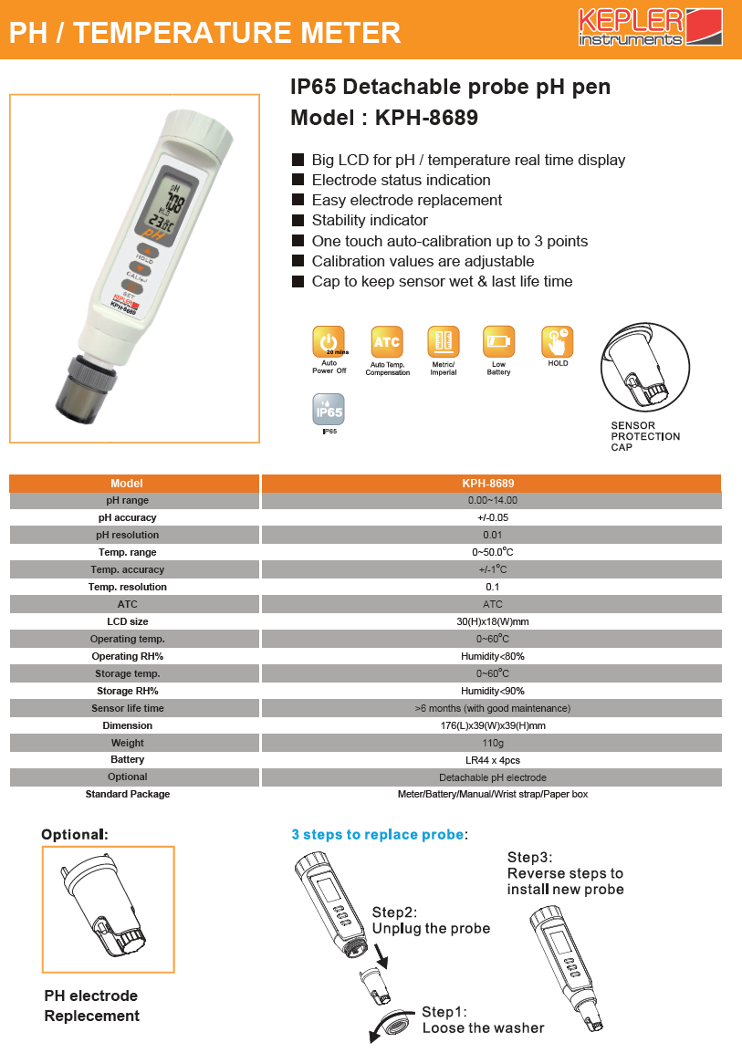 เครื่องวัดค่าความเป็นกรด-ด่างแบบปากกา (Pen Type pH Meter) แบรนด์ : KEPLER รุ่น : KPH-8689