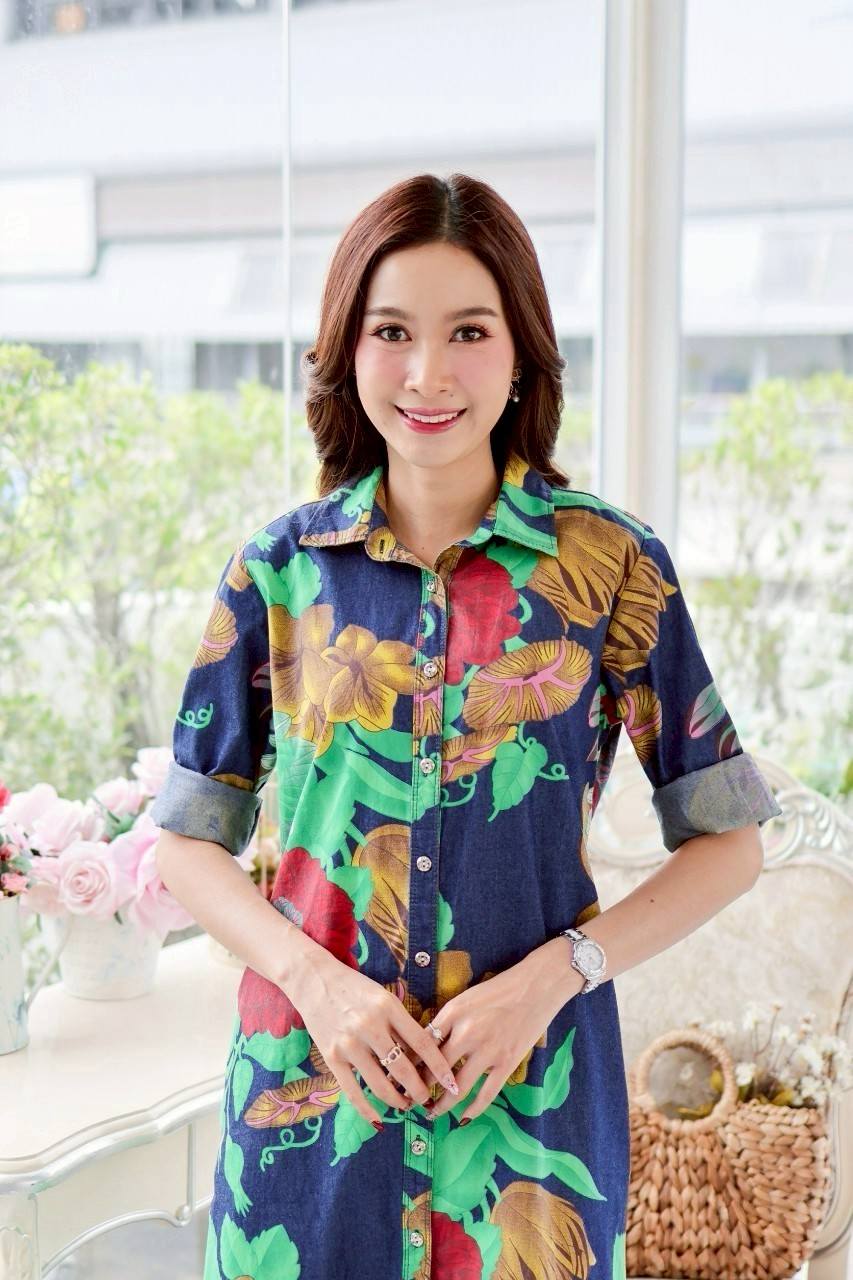 ชุดยีนส์ #8501-10 เดรสยีนส์พิมพ์ลายดอกไม้สวยหรู ผ้ายีนส์แท้เนื้อนิ่มแบบสวย ใส่สบายใส่ได้หลายโอกาส