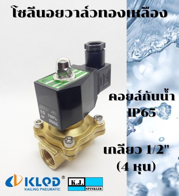โซลีนอยวาล์วทองเหลือง ขนาด 1/2 นิ้ว ปกติปิด (NC) 2/2 คอยล์กันน้ำ IP65 (AC220V, AC24V, DC24V, DC12V)