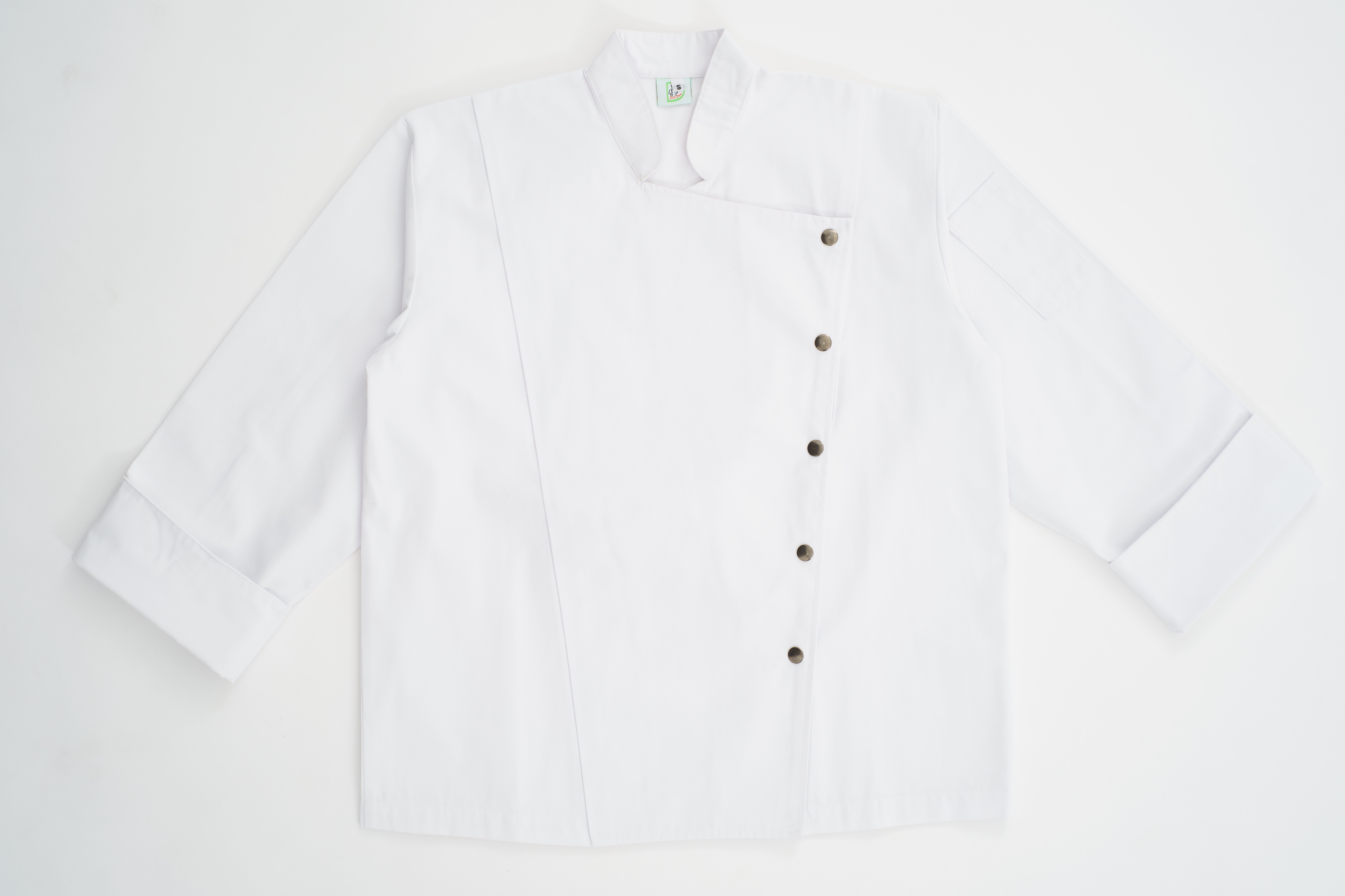 DFS023 Chef Jacket in white with metal snap botton เสื้อเชฟสากล สีขาว กระดุมแป็กด้านซ้าย