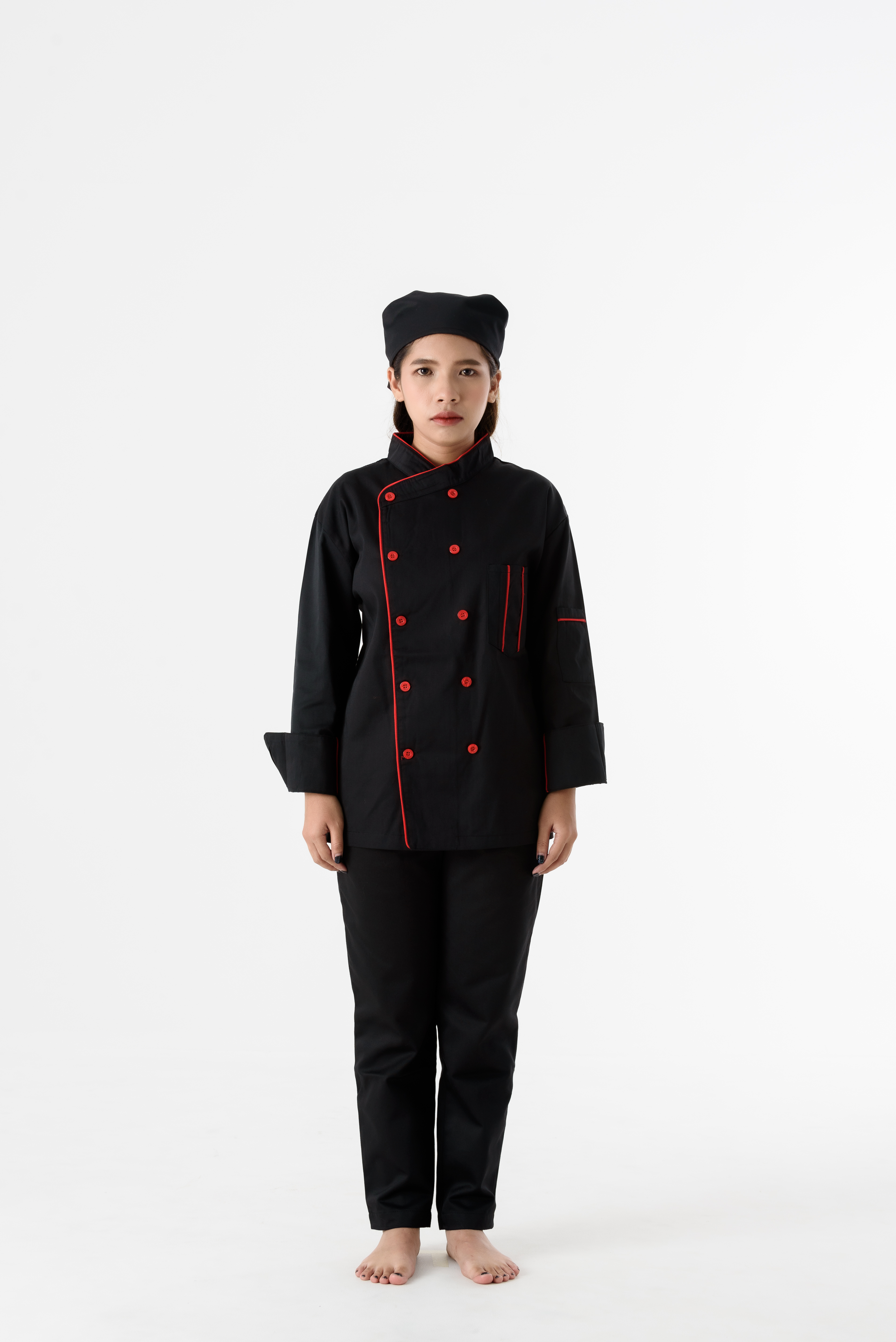 DFS003 Chef Jacket in black with red piping เสื้อเชฟสากล สีดำ คลิบแดง